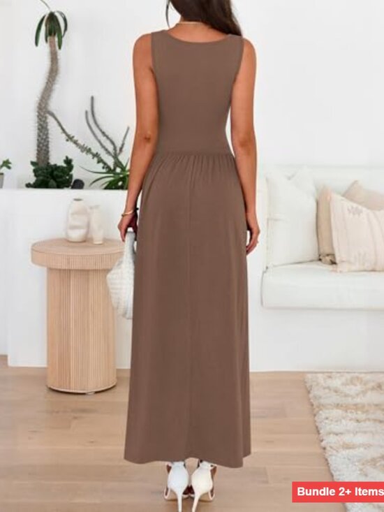 Sleeveless Maxi Dress Ruched High Waist Flowy Casual Beach Sundress - Picture 3 of 7